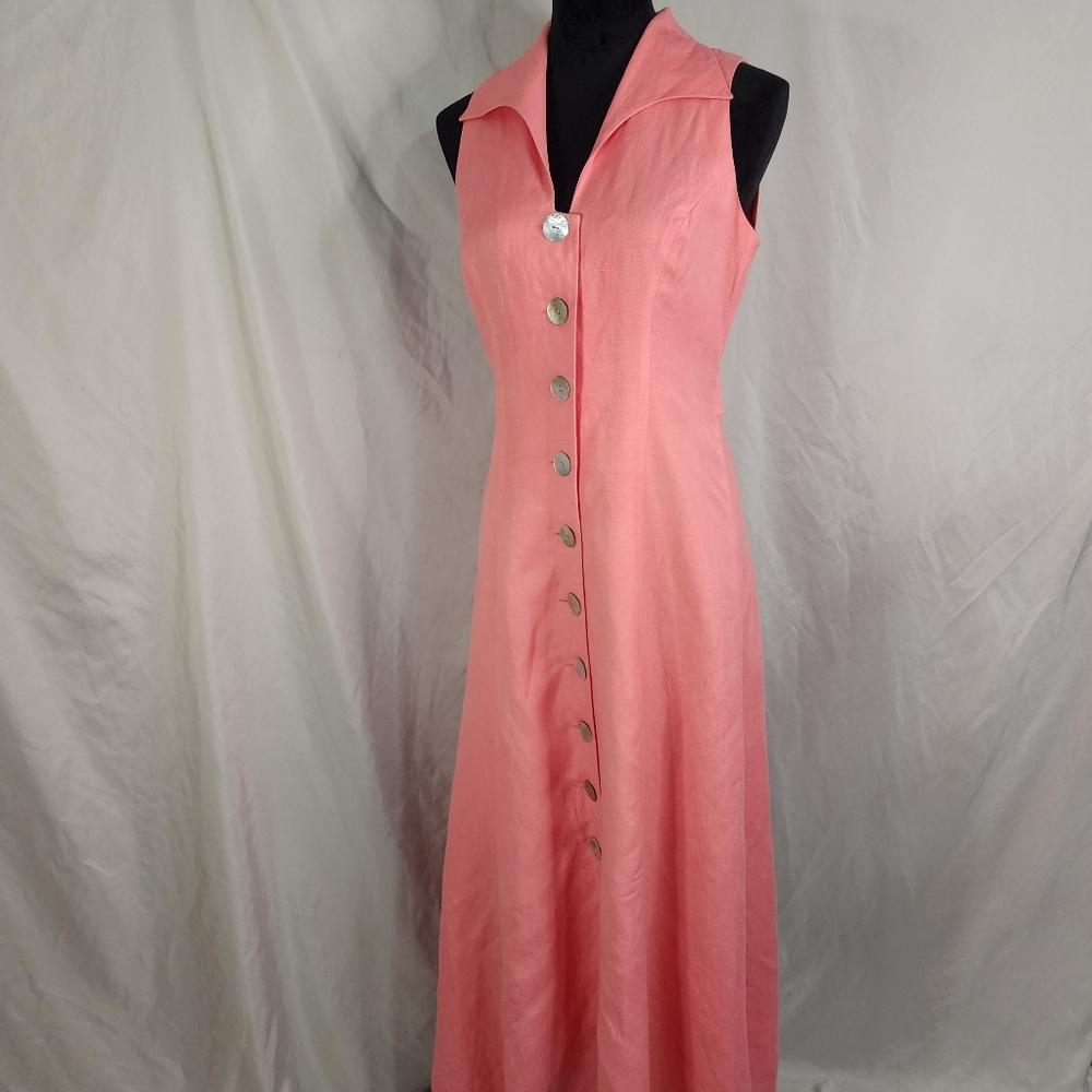 Vintage 90s COLDWATER CREEK Size 8 Linen/Rayon Collared Shell Buttoned Maxi